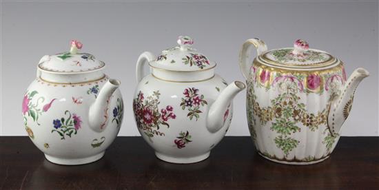 Three Worcester polychrome flower painted teapots and covers, c.1770-85, 5.5in. - 5.7in.
